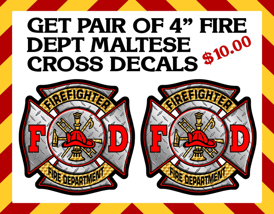 Firefighter Fire Dept. Maltese Cross 4" Decal Set