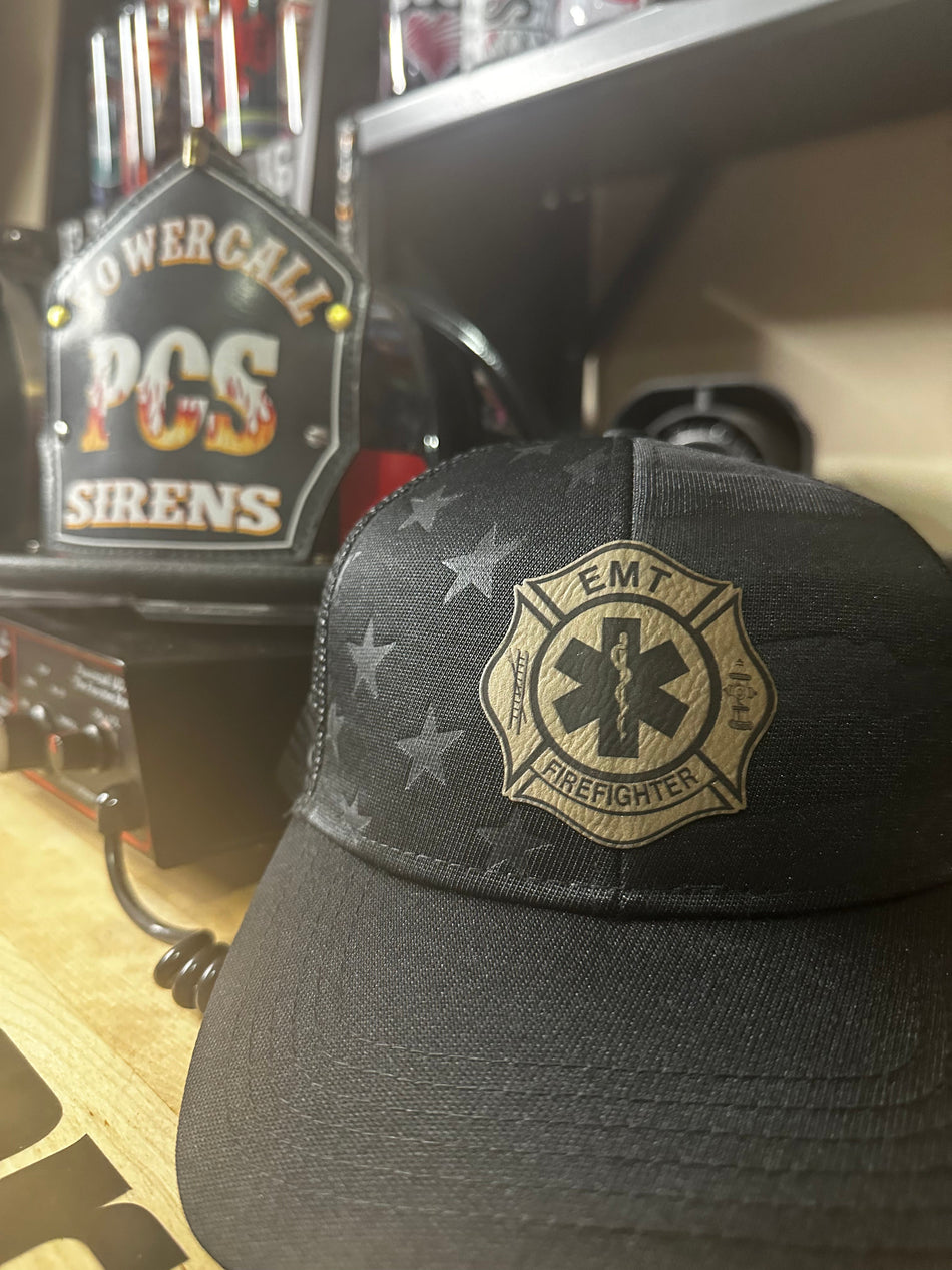 EMT Firefighter USA Stars Adjustable Leather Badge Hat