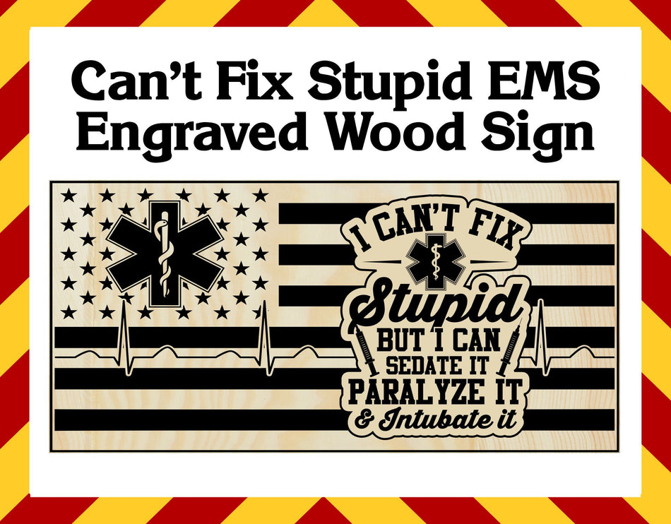 Wood Sign - Can't Fix Stupid EMS Engraved Sign 23" x11"