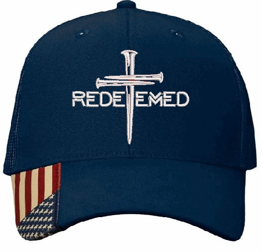 Christian Hats for Men or Women Redeemed Nail Cross Adjustable Embroidered Hat with USA Flag Brim Machine Washable Dads Supporting Dads Message