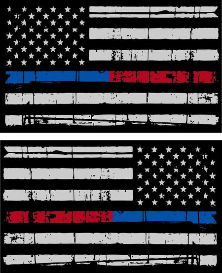 Tattered Police & Fire Thin Blue/Red Line American Flag Decals x 2 - 3" x 1.75" - Powercall Sirens LLC