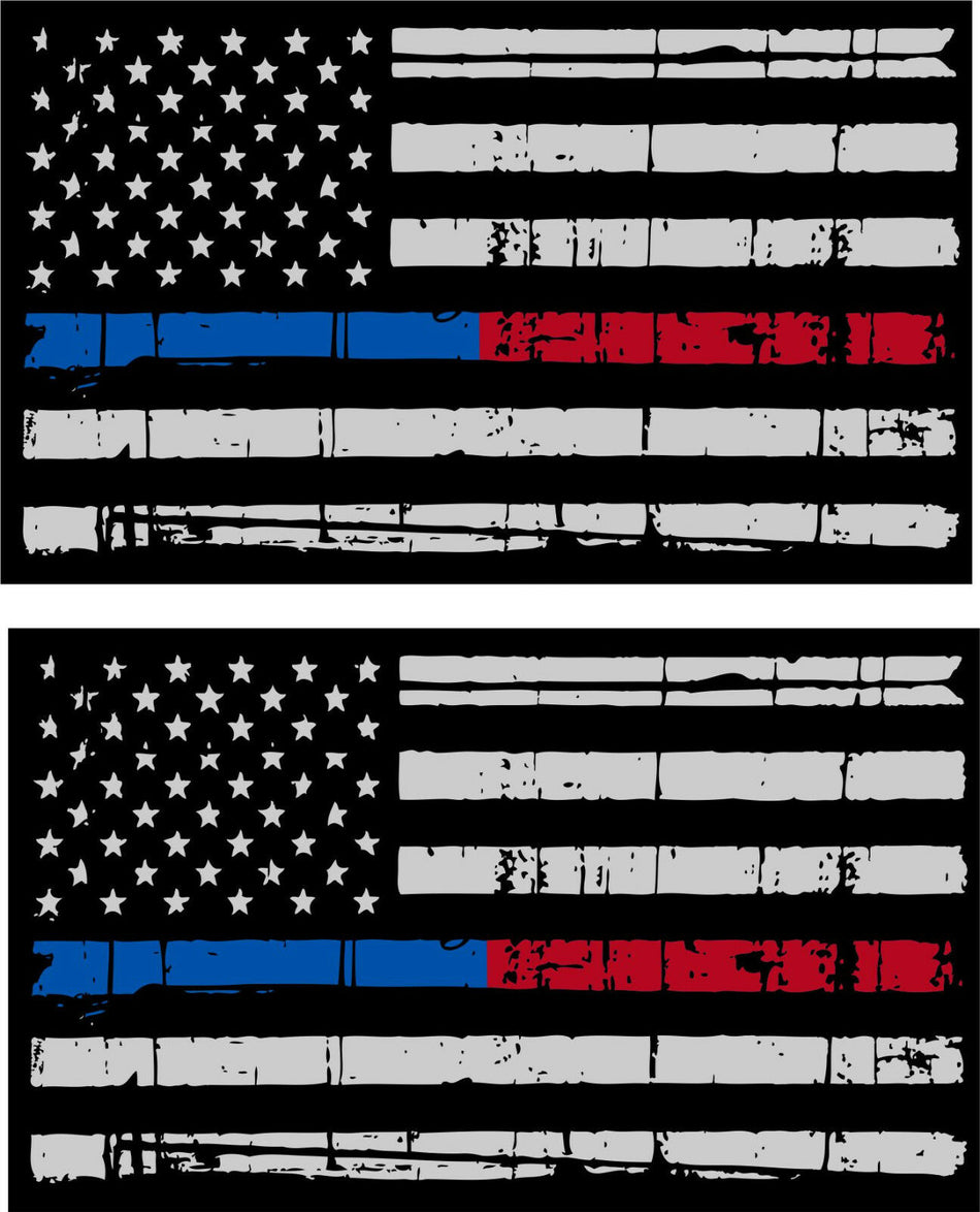Tattered Police Fire Thin Blue & Red Line American Flag Decals x 2 - 3" x 1.75" - Powercall Sirens LLC