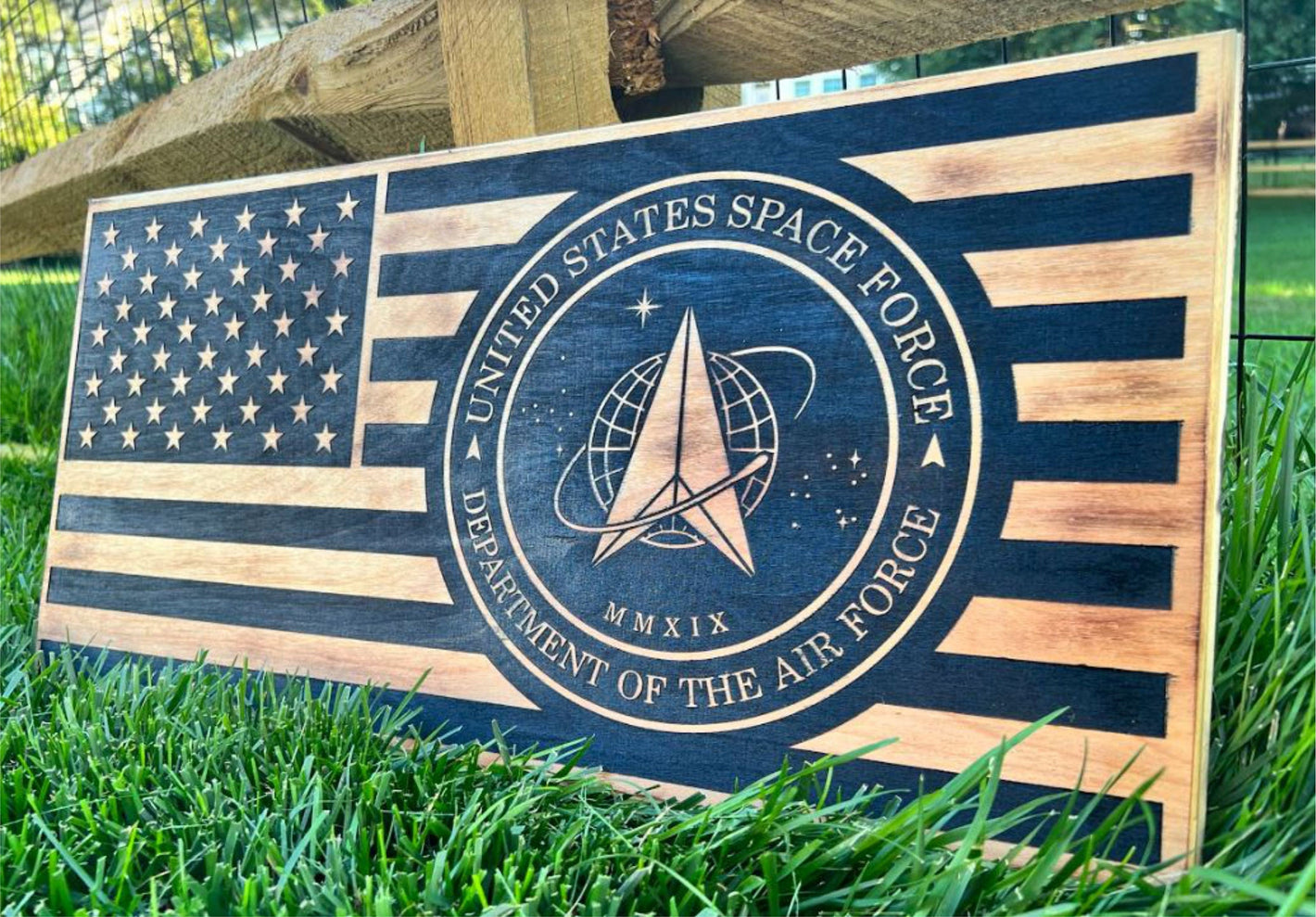 Space Force US Military Custom Laser Engraved Wood Sign 23" x 11" with OPTIONAL text on flag lines