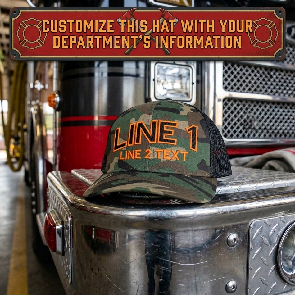 Firefighter Embroidered Hat - Richardson 112P Green Black Mesh Back Camo Hat