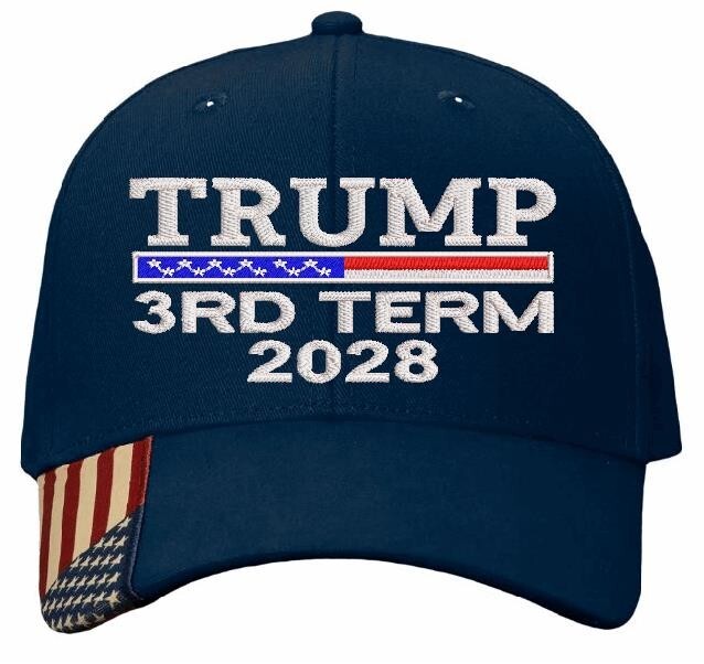 Trump Hat 3RD TERM Embroidered Hat Navy Blue Adjustable Hat w/ USA Flag Brim