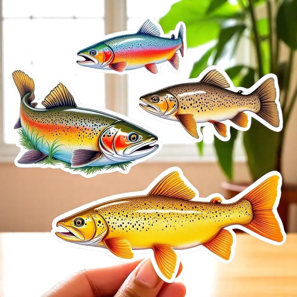 Fishing Stickers Set of 4 Waterproof TROUT mult colored decals 8" wide decals U