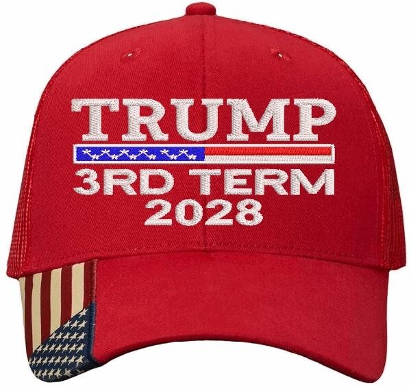 Trump Hat 3RD TERM Embroidered Red Mesh Back Adjustable Hat w/ USA Flag Brim