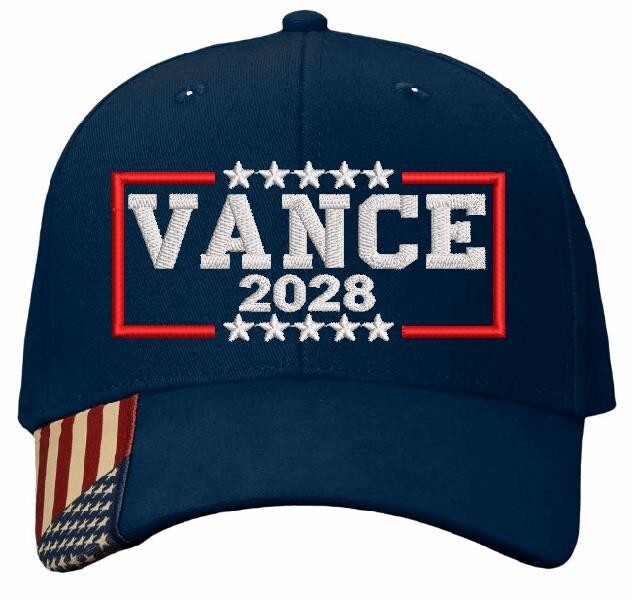 JD Vance 2028 Hat - Embroidered Adjustable Navy Blue MAGA Hat with USA Flag Brim