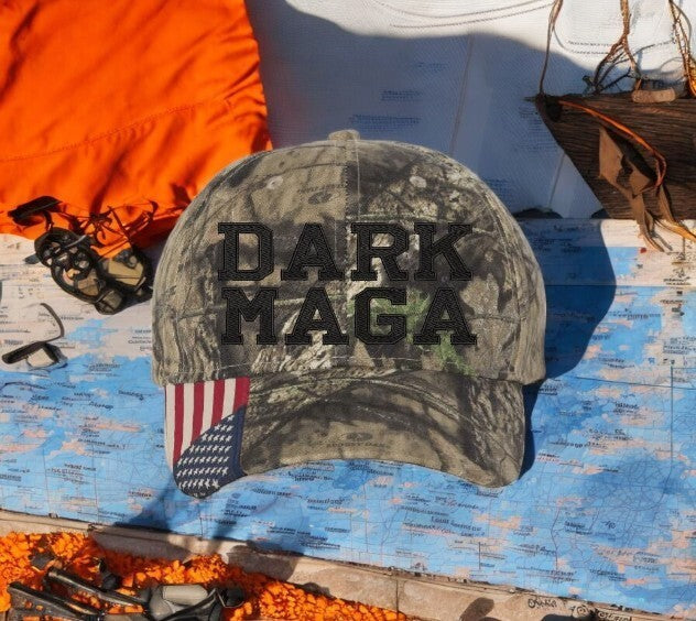 Trump Hat - Dark MAGA Mossy Oak Adjustable Hat with USA Flag Brim Trump 2025