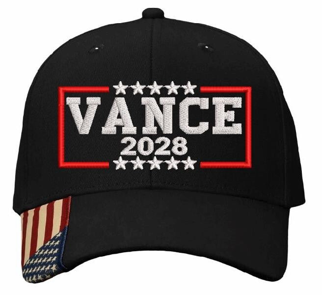 JD Vance 2028 Hat - Embroidered Adjustable Black MAGA Hat with USA Flag Brim