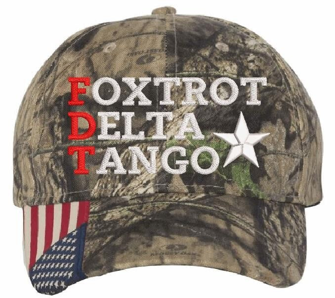 Foxtrot Tango Delta Hat Embroidered Donald Trump Hat CAMO Adjustable hat w/Flag