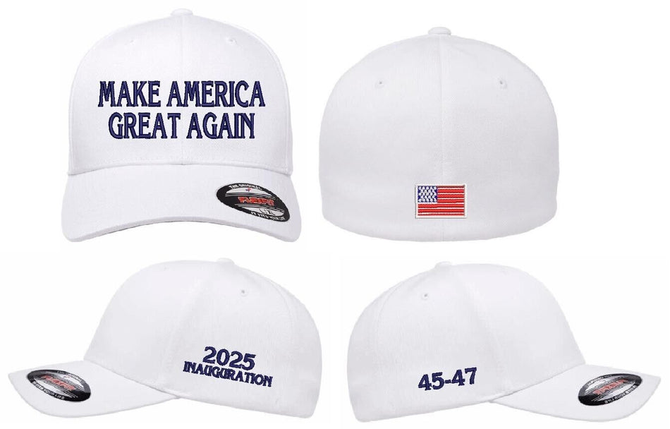 Trump 2025 Inauguration Hat Flex Fit hat w/ 2025 Side, 45-47 and USA back flag