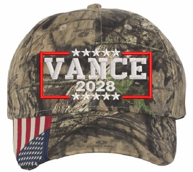 JD Vance 2028 Hat - Embroidered Adjustable Mossy Oak Hat with USA Flag Brim