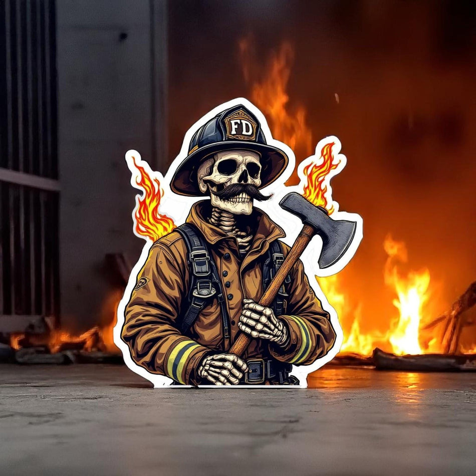 Skeleton Firefighter Sticker, firefighter, bunker gear, fireman, ax, mustache,