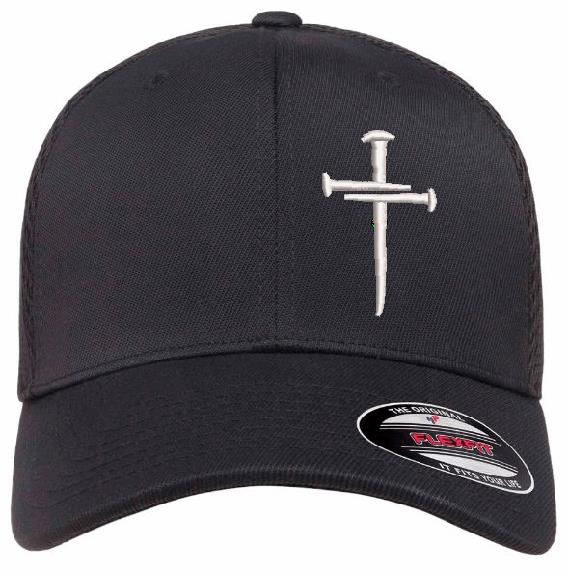 Jesus 3 Nail Cross Christian Cross Hat and Free Decal - Flex Fit 6533 Mesh Back Fitted Hat