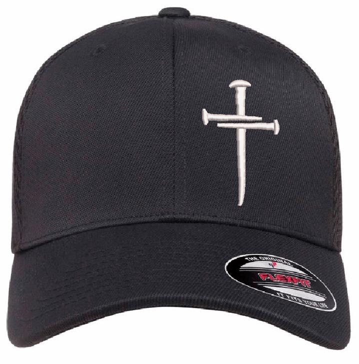 Christian Cross Hat Sacred Nails Design, Fitted 6533 Mesh Back Bible Faith Church Hat