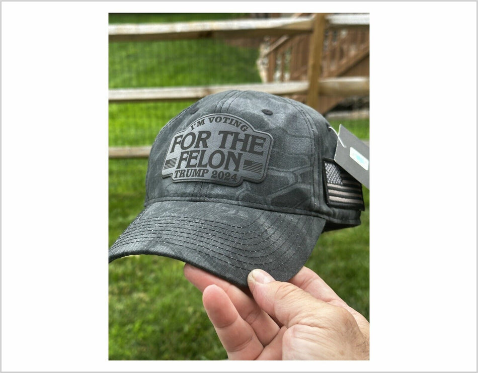 Trump 2024 Hat - VOTING FOR FELON 2024 Black LEATHER BADGE Hat