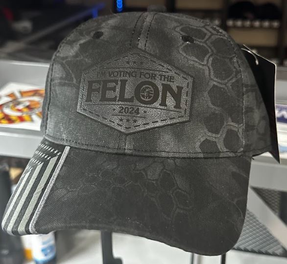 Trump 2024 Hat - VOTING FOR FELON 2024 Typhoon Black LEATHER BADGE Custom Hat