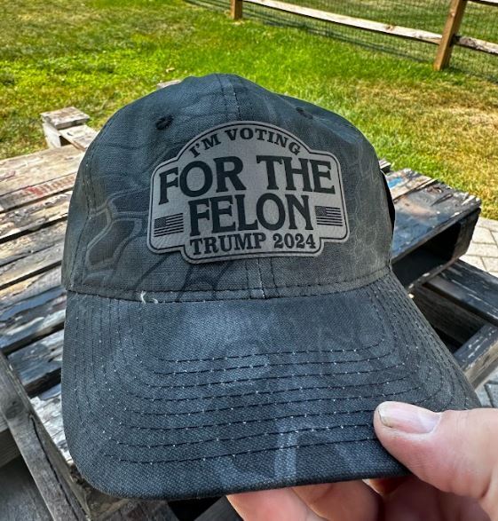 Trump 2024 Hat - VOTING FOR FELON 2024 Gray w/ Black LEATHER BADGE Custom Hat