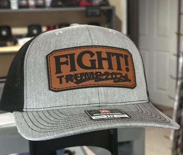 Trump 2024 Bulletproof FIGHT RECTANGLE Heather/Black Leather Badge Hat MAGA