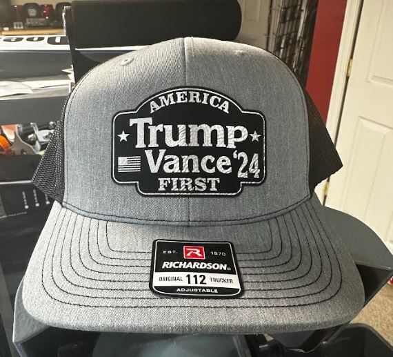 Trump Vance 2024 Silver Leather Badge Hat Heather/Black Richardson Adj. AFV Hat