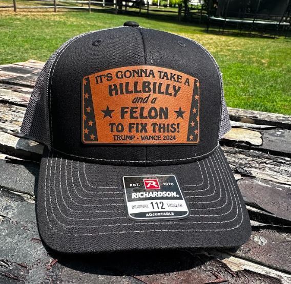 Trump 2024 Hat - Hillbilly Felon Leather Badge Richardson Charcoal/Black Hat