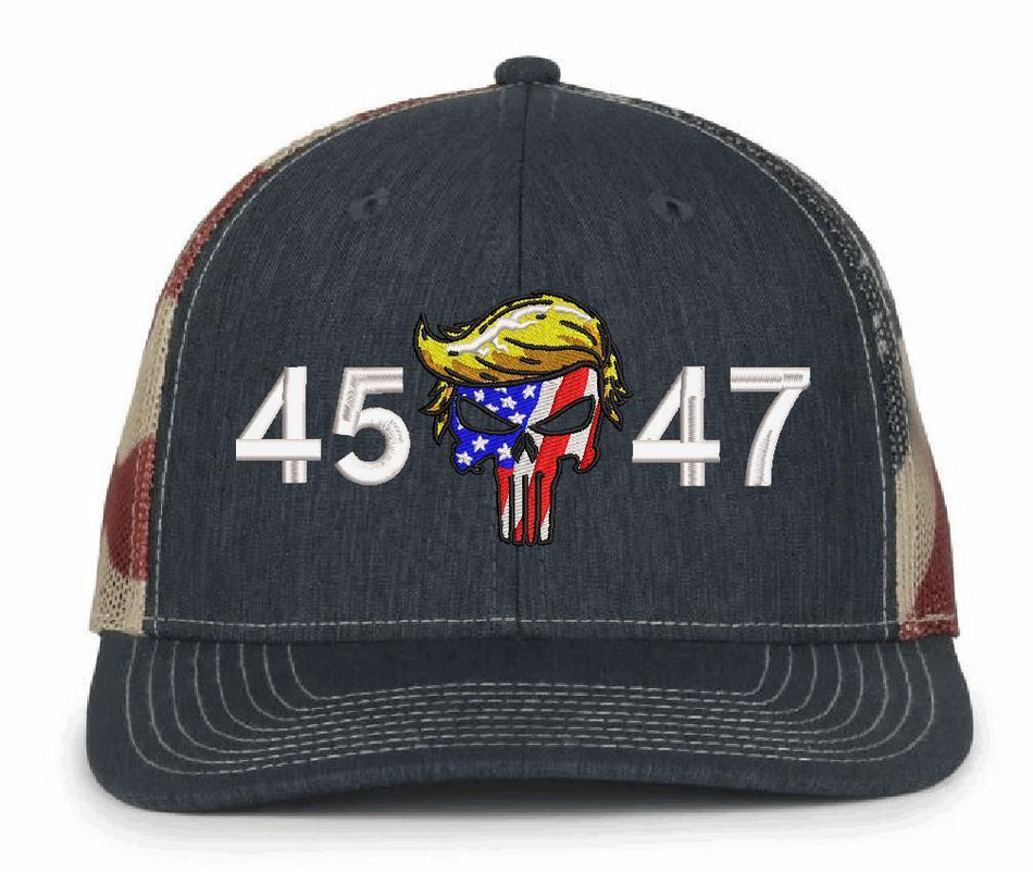 Trump Vance Hat 45 47 Punisher Skull Embroidered Old Glory Adjustable MAGA Hat