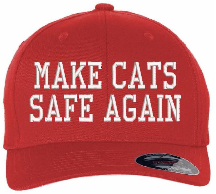 Make CATS SAFE AGAIN Trump 2024 Embroidered Hat - Flex Fit Red Hat w/ Back Flag