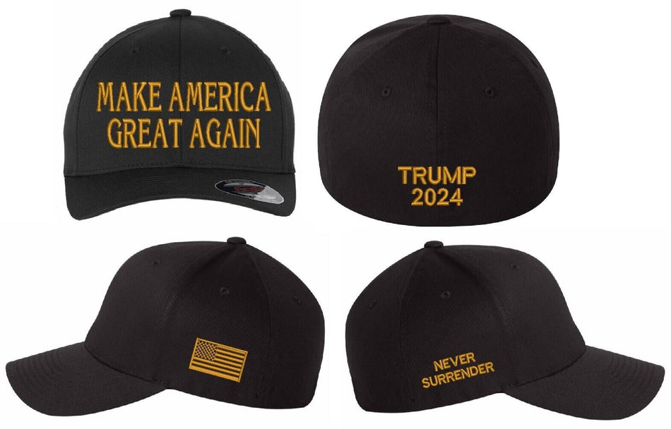 Make America Great Again Hat Trump 2024 Hat Gold Front Side Flag Never Surrender