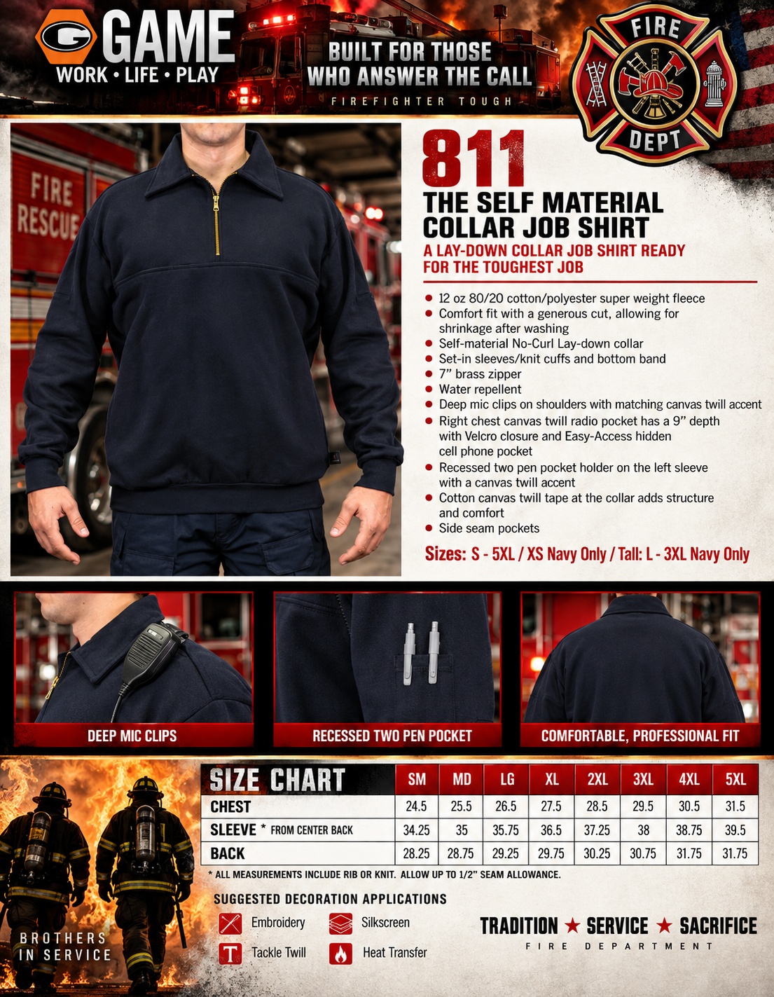 811 Job Shirt features and size chart