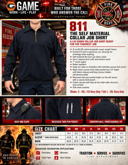 811 Job Shirt features and size chart