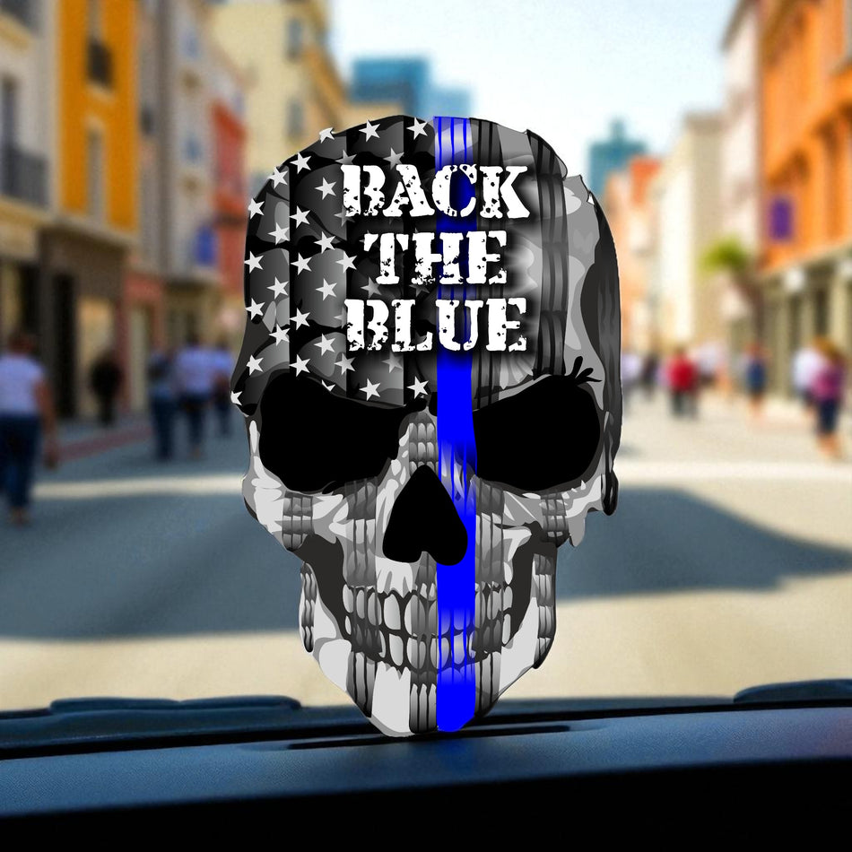 Thin Blue Line Back the Blue Skull Exterior Window Sticker Decal - Police Officer Support Sticker