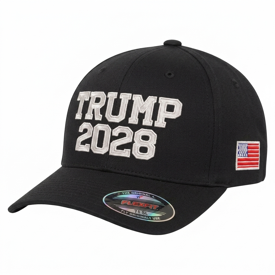 Trump 2028 Embroidered Flexfit 6277 Stretch Fit Hat with American Flag Black