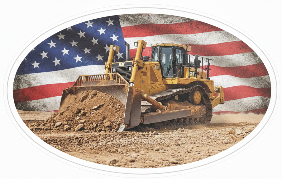 Bulldozer with USA Flag Background Window or Helmet Decal Powercall