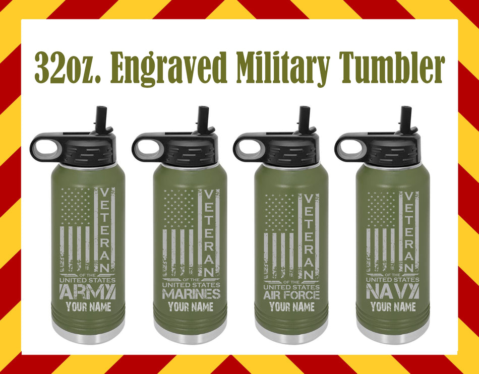 US Veteran Olive Drab Engraved Water Bottle