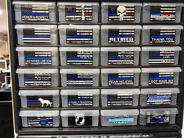 Thin blue line police Helmet Decals. Hundreds of them. CLEARANCE PACKAGE BIN POLICE1