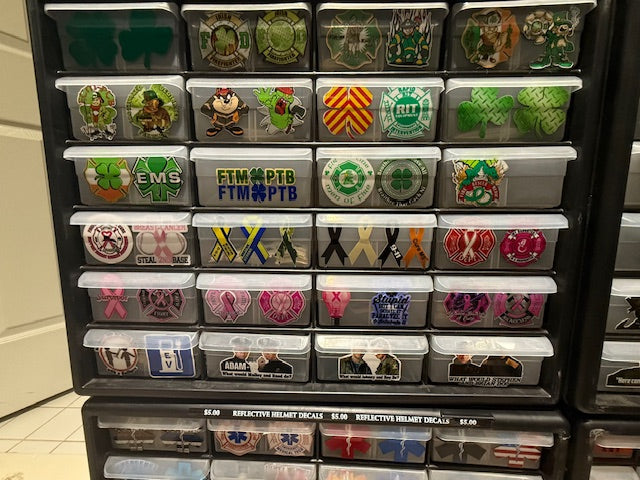 Firefighter Helmet Decals. Hundreds of them. CLEARANCE PACKAGE BIN GRNSHM1