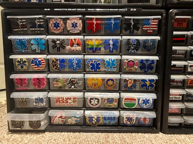 Firefighter EMS Helmet Decals. Hundreds of them. CLEARANCE PACKAGE BIN EMSFD1