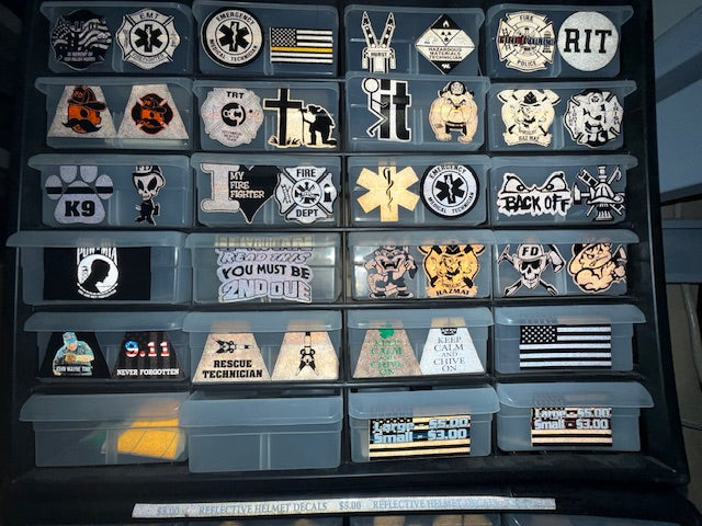 Firefighter BLACKLITE Helmet Decals. Hundreds of them. CLEARANCE PACKAGE BIN BLV1P