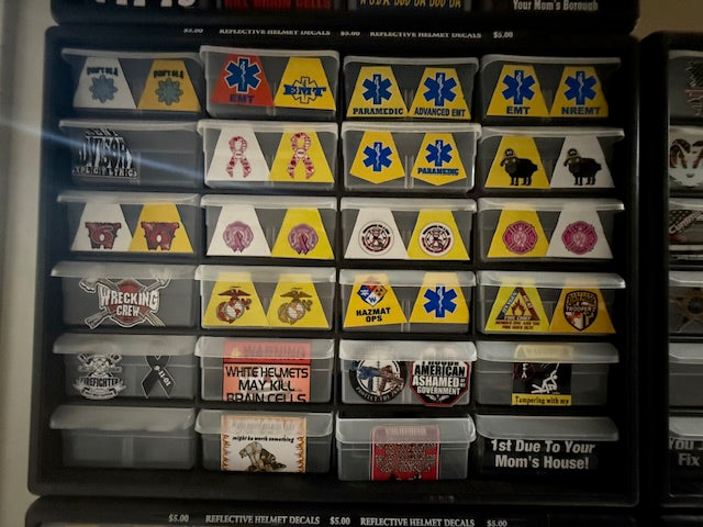 Firefighter Reflective Trapezoid Helmet Decals. Hundreds of them. CLEARANCE PACKAGE BIN TRAPS12