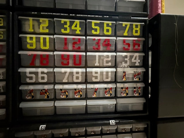 Firefighter PRISMATIC 2" NUMBER Helmet Decals. Hundreds of them. CLEARANCE PACKAGE BIN PRZ22A