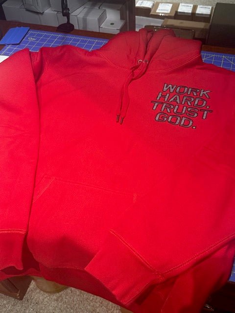 Work Hard Trust God LARGE SIZE Independent Trading RED Heavyweight Hooded Sweatshirt