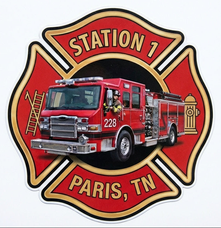 Station 1 Paris, TN Maltese Cross Window or Helmet Decal Powercall