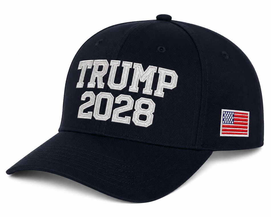 Trump 2028 Embroidered Flexfit 6277 Stretch Fit Hat with American Flag Navy Cap
