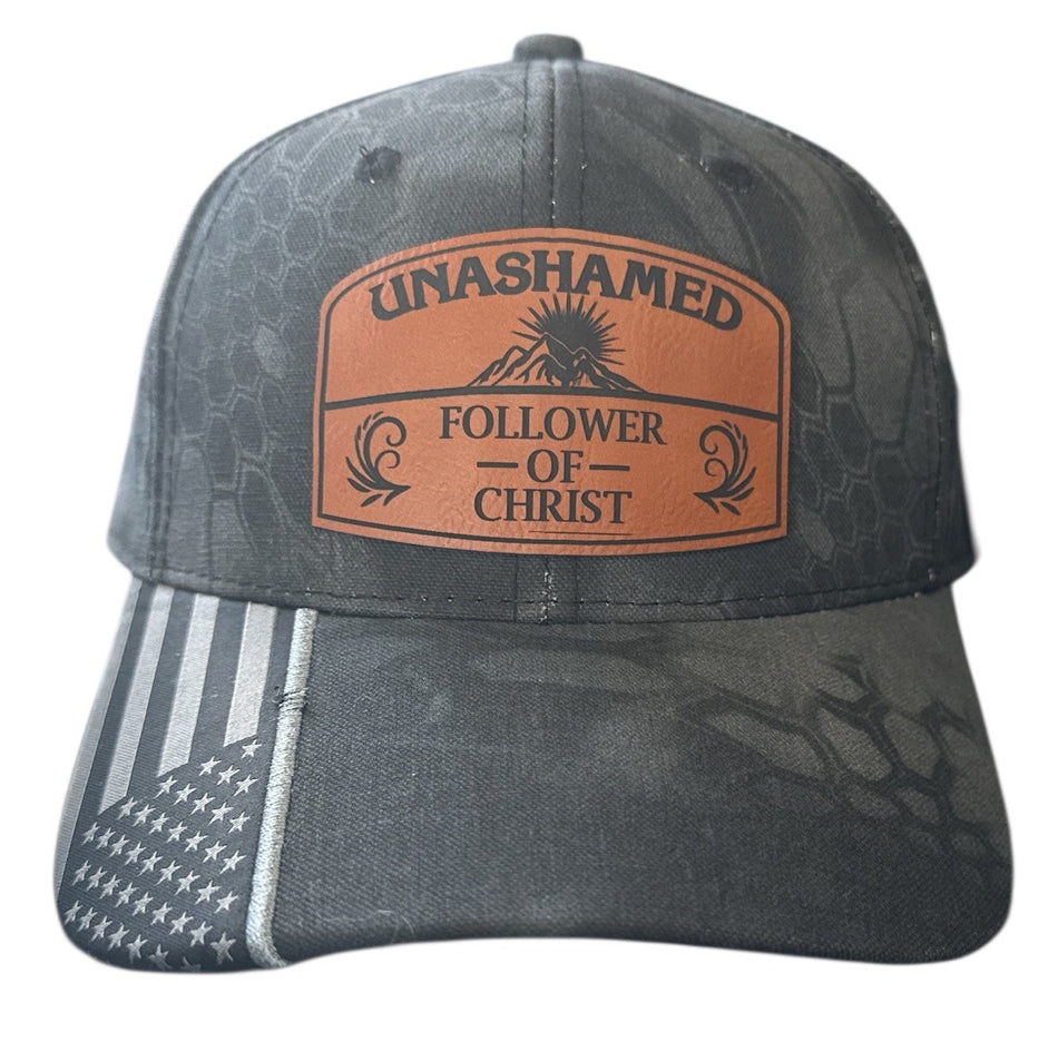Unashamed Follwer of Christ Leatherette Badge Adjustable or Flex Fit Hat