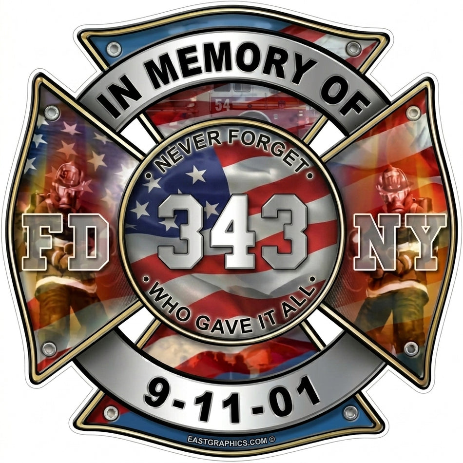 In Memory of 343 Maltese Cross Window/Hardhat Decal