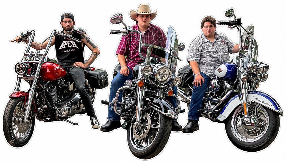 3 Guys on their bikes PREMIUM Customer Window or Helmet Decal (rct.1)