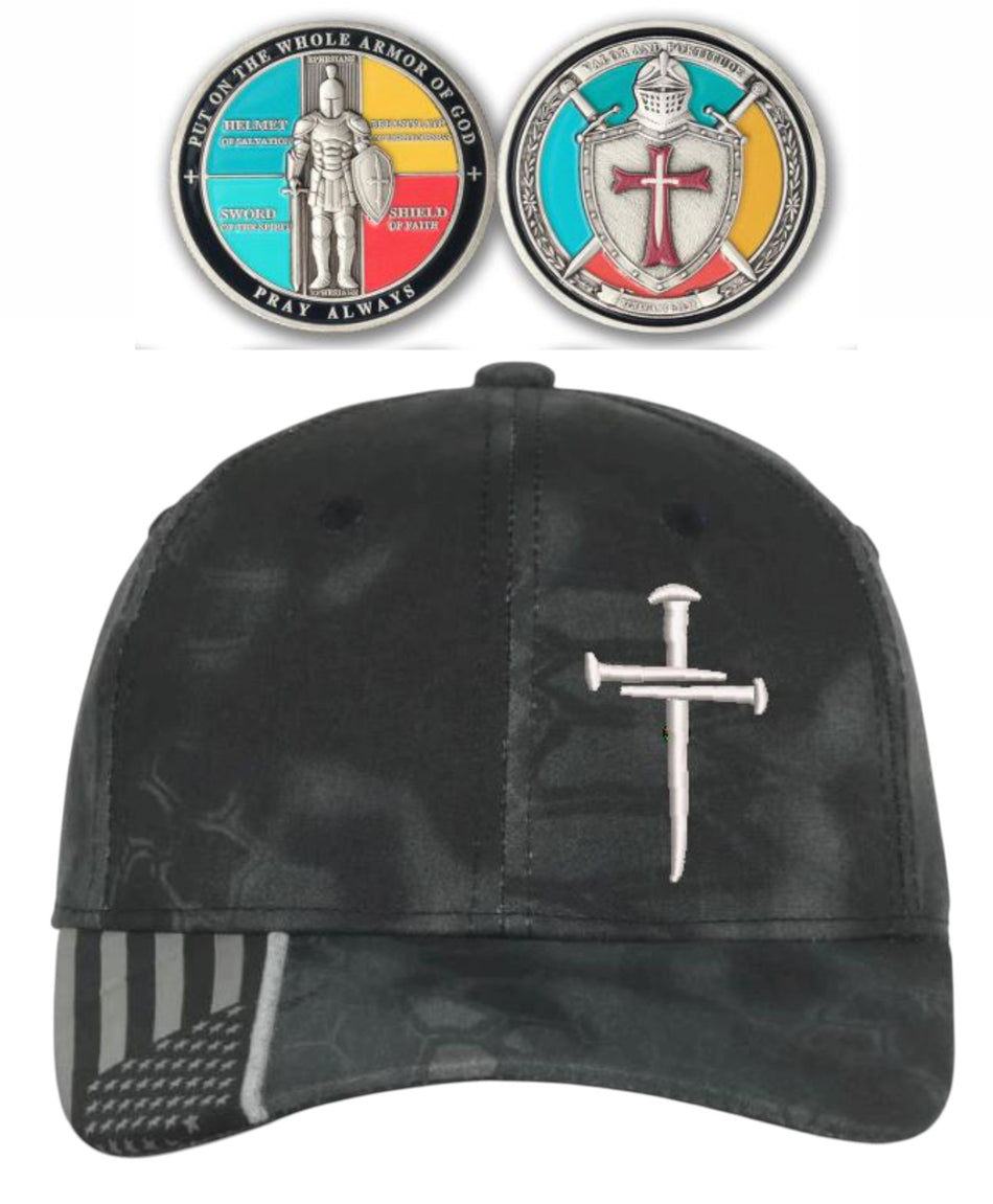 Christian Hat for Men Women Jesus 3 Nail Cross Typhoon hat and NEW CHALLENGE COIN