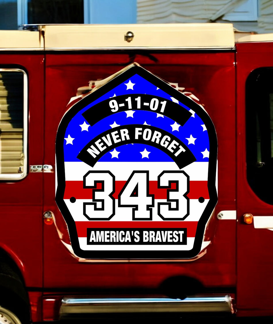 Firefighter Sticker 911 Never Forget 343 USA Flag look Decal Various sizes 343