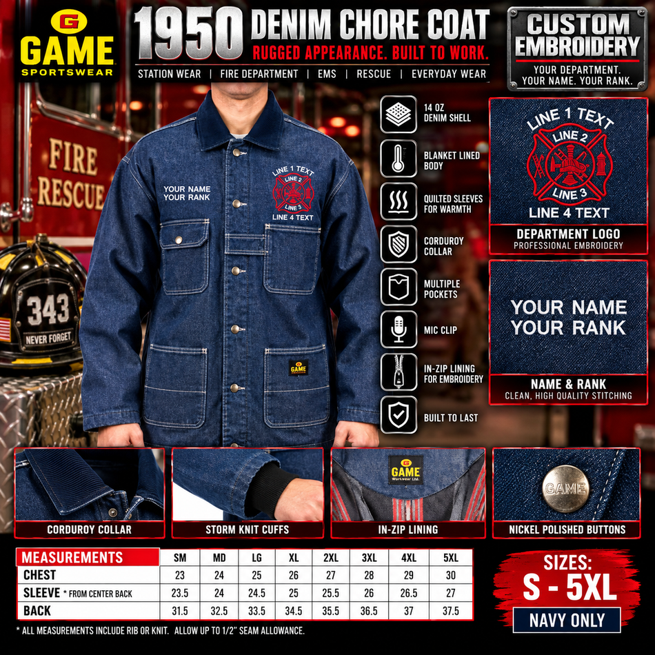 GAME Sportswear 1950 Denim Chore Coat – Custom Embroidered Basic Maltese Cross Design